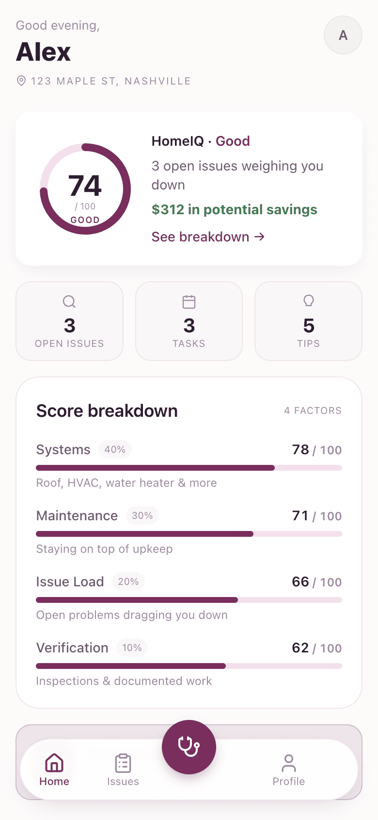 Berry dashboard showing the HomeIQ score and recent issues
